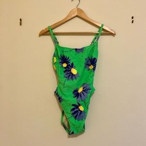 Vintage Lime Green Blue Daisy Swimsuit 💚💙🌼